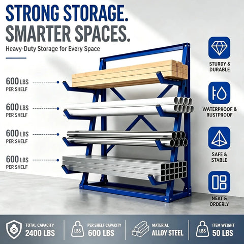 Beast Mode Cantilever Storage Rack Four Tier Steel Frame Supports Two Thousand Four Hundred Pounds with lumber and pipes.