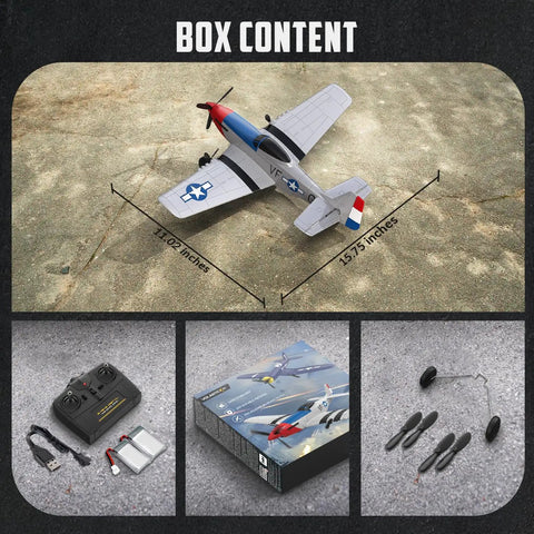P 51D Mustang RC Plane For Beginners with 3 Channel Remote Control and box contents including charger and parts
