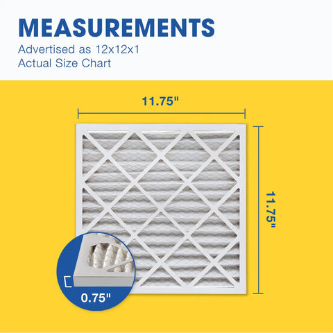 Measurement chart for Six Pack 12 By 12 By 1 MERV 11 Pleated HVAC Filter For Furnace And AC, showing actual size 11.75 x 11.75 x 0.75 inches.