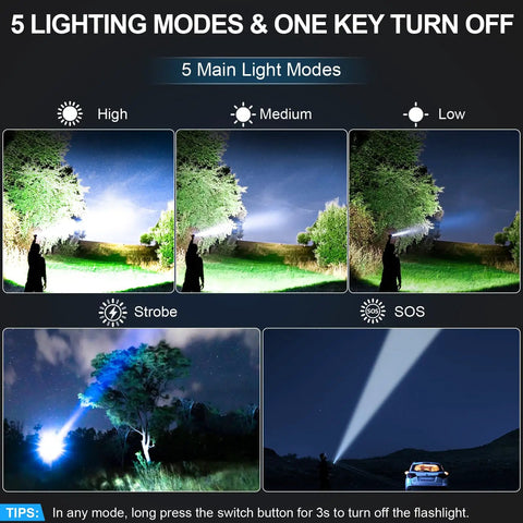 Image showing 5 lighting modes of Beast Bright Rechargeable Tactical Flashlight 2000 Lumens, focused on various outdoor conditions.