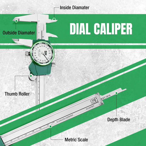 Dial Caliper 150mm Measuring Tool with shockproof design, stainless steel calipers, dual jaws, probe, four measurement modes shown.
