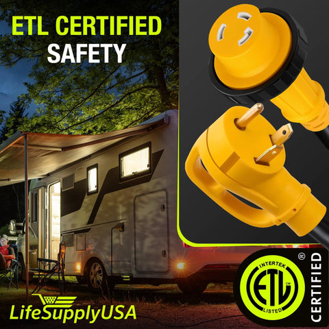 30 Foot 50 Amp RV Extension Cord With 4 Prong 14-50P And Twist Lock SS2-50R shown beside RV at campground, ETL listed