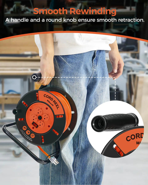 Person holding Heavy Duty Extension Cord Storage Reel With Four Grounded Outlets Built Tough Hand Wind Retractable Reel