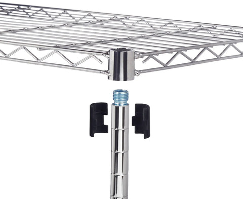 Heavy Duty Five Shelf Chrome Wire Storage Cart With Dual Swivel Casters For Garage Or Office showing adjustable shelf and support post.