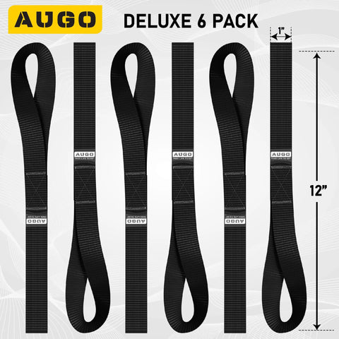 Heavy Duty Soft Loop Tie Down Straps 6 Pack 1500 Pound Working Load 4500 Pound Break Strength with 12 inch lengths for secure hauling.