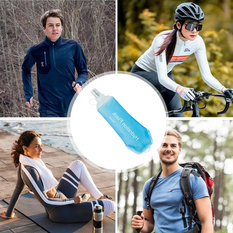 Collapsible Soft Flask Water Bottle With Ergonomic Easy Squeeze For On The Go Hydration shown with outdoor activity backdrop
