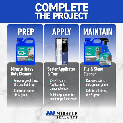Instructions for using Advanced Penetrating Sealer For Countertops Stone Tile And Grout Odorless Water Based Formula That Fights Water Stains And Oil Interior Or Exterior Use No Fuss DIY 1 Gallon with cleaning products and applicator.