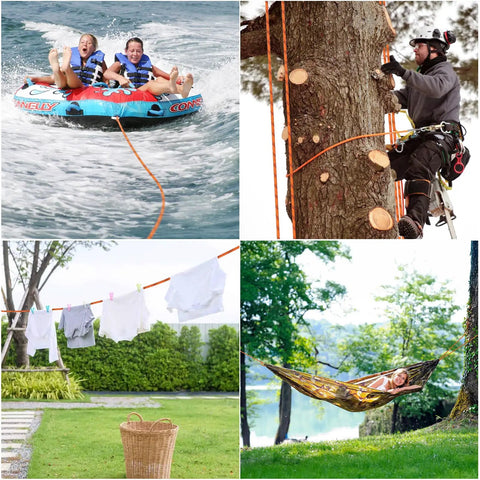 Top Shelf Braided Polyester Arborist Rope 3/8 Inch By 120 Feet With 48 Strands used for climbing and securing tree work.