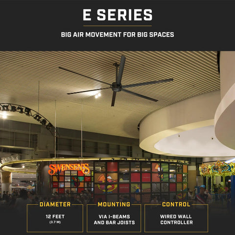 Heavy Duty 12 Ft Industrial Ceiling Fan With Six Blades And Whisper Quiet Gearless Direct Drive Motor Sharp Stealth Black Finish For Warehouses Gyms And Killer Airflow Controlled By Wired Wall Remote, mounted in a spacious venue.