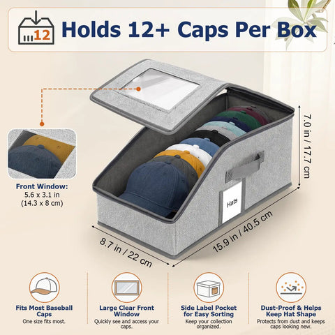 Stackable Hat Organizer 2 Pack Baseball Cap Storage Rack Structured Closet Shelf Protector Set with clear front window for easy access.