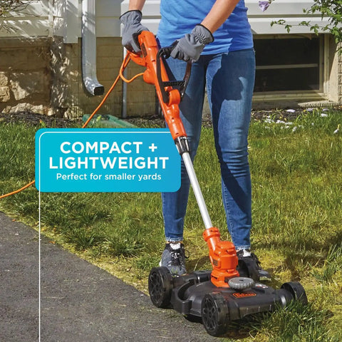 Person using 3-In-1 Electric Lawn Mower Weed Eater And Edger for Small Yards Corded 12-Inch 6.5 Amp Powerdrive Motor
