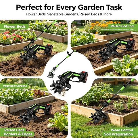 2 In 1 Cordless Tiller And Cultivator For Gardens And Lawns, 21V Battery Powered, in use in garden beds and plots