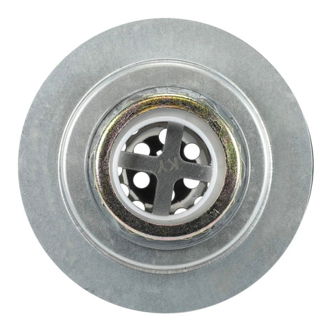 Top view of Flat Top Shower Drain Strainer For Mobile Homes And RVs Chrome Finish 4 And A Half Inch Outer Flange Durable Metal Construction
