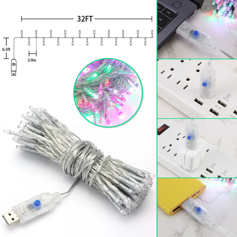 Pastel Easter String Lights 33ft With USB Powered 100 LED Indoor Fairy Lights, coiled and displayed with USB and plugs