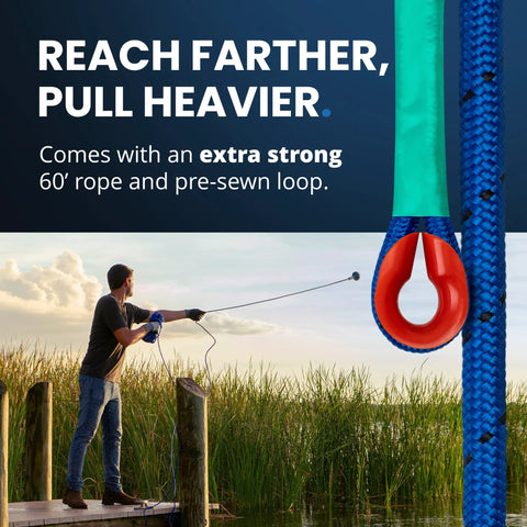 AnglerMag magnet fishing kit with blue braided rope and orange loop, 60 ft rope, on a dock