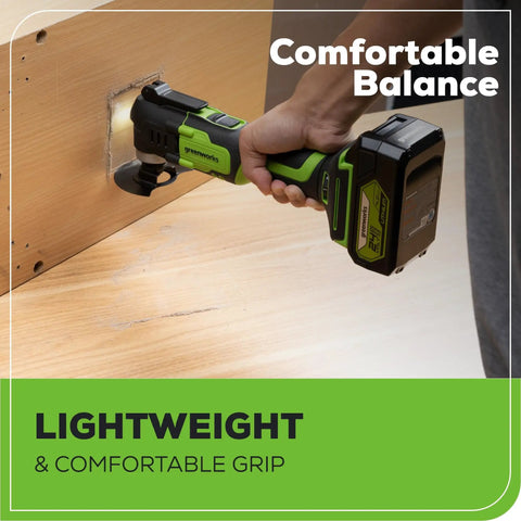 Cordless Oscillating Multi Tool For Cutting Scraping Sanding And Nailing, 18,000 OPM, 6 Speed Settings in use on wood