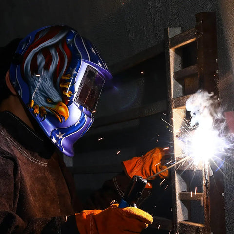 Welder using Auto Darkening Welding Helmet With True Color View Solar Powered Welder Mask Pro Grade, Blue Eagle finish