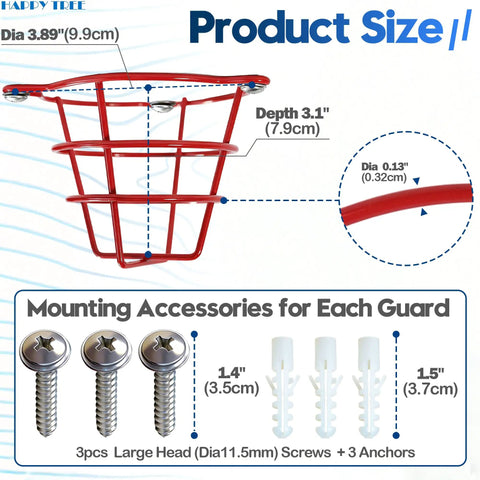 Heavy Duty Red Fire Sprinkler Head Guard Cage Cover For 1 2 And 3 4 Inch Systems Easy Install dimensions with screws and anchors.