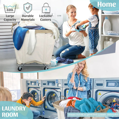 Super Heavy Duty Rolling Laundry Cart With All Terrain Wheels 320L Wheeled Hamper Basket in laundry room with people.