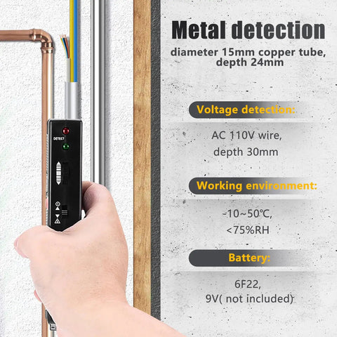 Hella Sensitive Wall Scanner Metal Detector Featuring Audio Visual Alerts in hand detecting copper tube and wires.