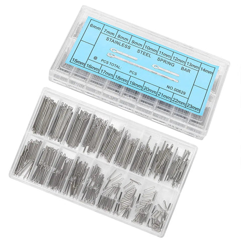 Ten Millimeter Watch Spring Bar Repair Kit For Stainless Steel Bands With Cotter Pins Set Of 18 Sizes displayed in an organized box.