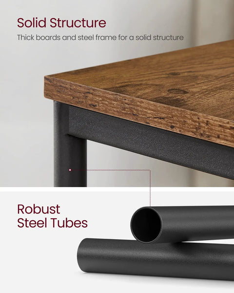 Close-up of Set Of Two Industrial Style End Tables With Rustic Brown Tops And Matte Black Steel Frames showing materials