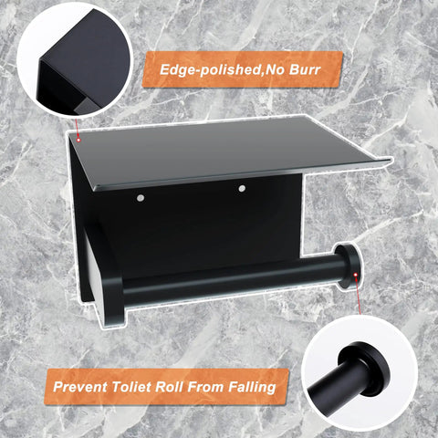 Black Wall Mounted Toilet Paper Holder With Shelf That Fits Mega Roll Up To 5.51 Inches Diameter SUS 304 Stainless Steel Rustproof Adhesive No Drill Install Easy Refill Bathroom Organizer showing edge-polished design and roll holder.