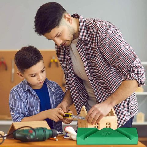 Father and son using Rock Solid Drill Bit Sharpening Jig Kit Three Piece 3D Printed Bench Grinder Guide for woodworking.