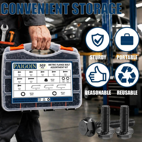 Hardcore Metric Flange Bolt Kit With Socket Wrench 716 Piece Hex Fastener Set Grade 10.9 Black Zinc storage case with assorted screws and nuts.