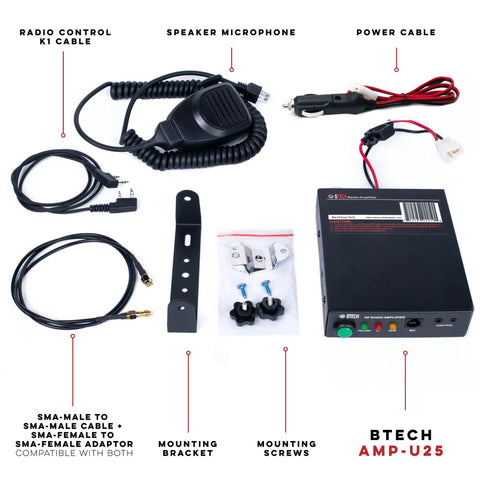 UHF 400-480MHz Power Booster Amplifier kit with cables, microphone, and accessories for handheld radios extending range and clarity.