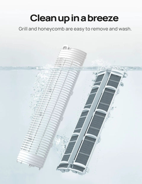 Evaporative Swamp Cooler Tower Fan Beast Mode Cooling, removable grill and honeycomb filter submerged in water for easy cleaning