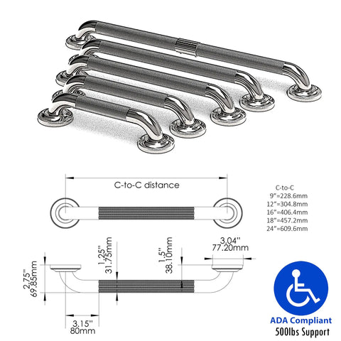 Heavy Duty 1-1/4 Inch Knurled Bath Grab Bar, ADA Compliant Shower Handrail, Stainless Steel dimensions and ADA logo