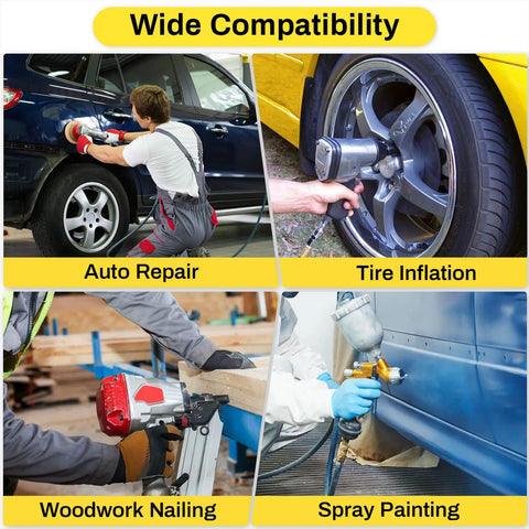 15 Gallon Portable Air Compressor With 3.7 HP Motor And 115 PSI Max Pressure shown in auto repair, tire inflation, woodwork nailing, and spray painting.