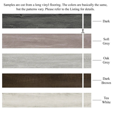 Vinyl flooring samples in dark, soft grey, oak grey, dark brown, and tea white colors with labeled sections for each shade.