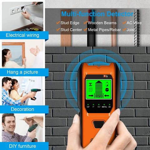 Smart 5 In 1 Stud Finder And Wall Scanner with display showing detection modes for studs, wires, and pipes against brick wall.