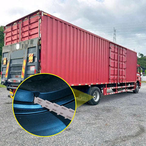 Workhorse Stainless Steel Brake Pad Thickness Gauge And Drum Wear Measurement Tool measuring brake pads on a heavy-duty truck.