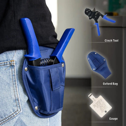 Ratchet PEX Cinch Tool For Stainless Steel Clamps Meets ASTM 2098 Clamping Three Eighths One Half Three Quarters Five Eighths One Inch Pipe Tubing One Hand Design For Easy Clamp Tightening And Quick Pipe Installations No Sweat, shown in holster on belt.
