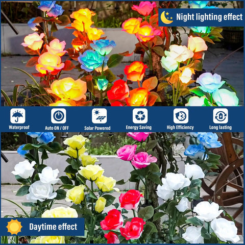 Solar Rose Garden Lights Set Upgraded Outdoor Lighting With 7 Color Changing Roses For Yard And Garden Decor at night and day