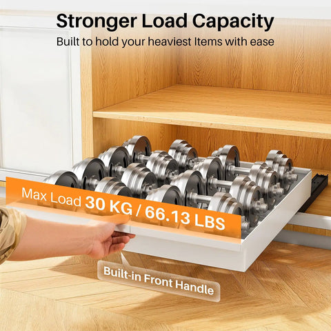 Make Kitchen Storage A Cinch With This Expandable Pull Out Organizer Featuring Full Extension Roll Out Slides And Raised Pads For Framed Units Organize Pots Slick And No Sweat showing heavy weights on a metal slide out drawer.