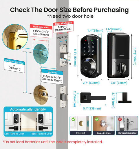 Slick Fingerprint Smart Lock With Heavy Duty Zinc Alloy Handles And Auto Lock App Control showing measurements and door fitting details.