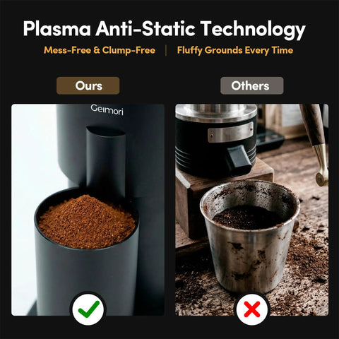 Premium Conical Burr Electric Coffee Grinder With Stepless Adjustment For Smooth Espresso Or Pour Over Brews Featuring Ultra Low Retention Sleek Magnetic Dosing Cup And Quiet Cold Grind Motor To Keep Your Morning Routine Absolutely Fire showing anti-static technology with clean grounds.