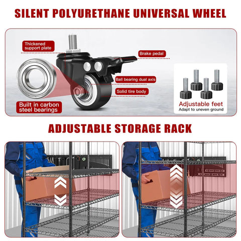 Badass Heavy Duty Five Tier Wire Shelving With Smooth Rollin Caster Wheels and Adjustable Steel Storage Rack for Garages showing a polyurethane wheel and adjustable feet.