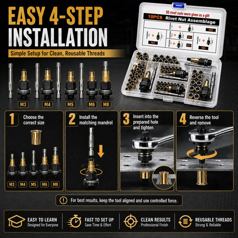 Fifty Piece Metric Rivet Nut Tool Set M3 M4 M5 M6 M8 For Quick Threaded Inserts In Thin Materials, Durable Carbon Steel Construction In Sturdy Case, Includes All Popular Rivet Nut Sizes For Easy No Fuss On The Go Installation.