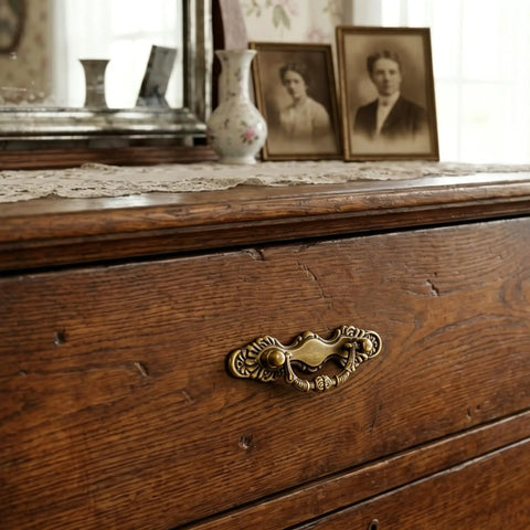4 Pack Antique Brass Bail Drawer Pulls With 2-1/2 Inch Center Spacing on vintage wooden dresser