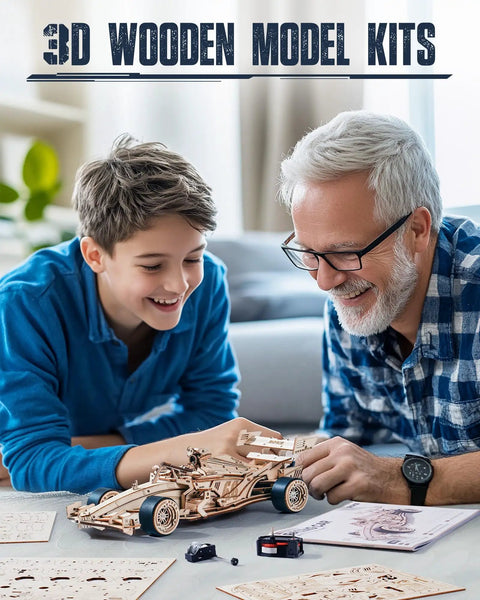 Two people assembling 1 To 18 Scale Formula Racing Car Puzzle Kit For Adults, Wind Up Wooden Model Car Kit, 3D wooden kit