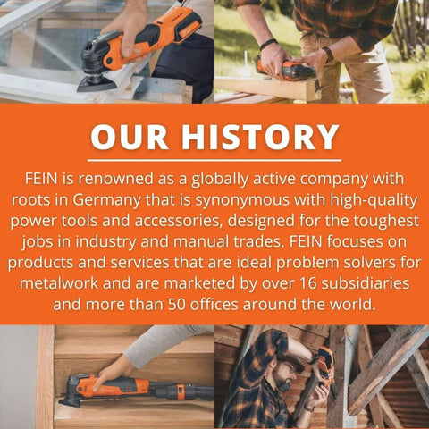 Collage of professionals using FEIN tools with 'Our History' text describing the company's German roots and global reach.