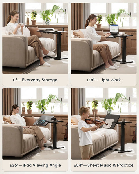 Adjustable Height C Shaped End Table With Split Tilting Top And Gas Spring Lift, shown near sofa for versatile use