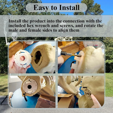 Installation of 12 Foot White Giant Skeleton Head Bracket Kit Replacement Part With Neck Male And Female Sides, screws, hex wrench displayed