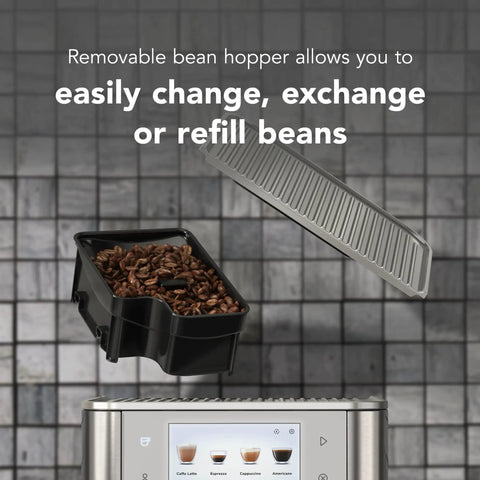 Sleek And Straight Up Fully Automatic Espresso Machine With Removable Bean Hopper One Touch Frothing System Forty Plus Barista Grade Cups Smooth Stainless Steel Housing For Daily Use with open bean hopper.