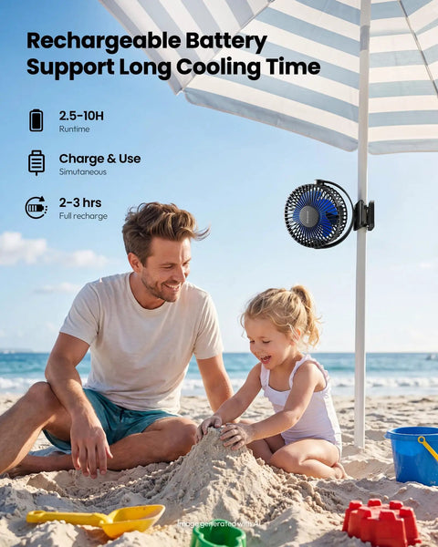 Clip On Battery Operated Fan USB Rechargeable Mini Personal Cooler attached to beach umbrella